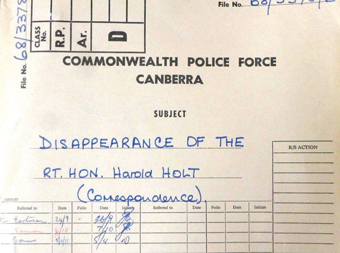 The cover of the Commonwealth Police file on the disappearance of Harold Holt