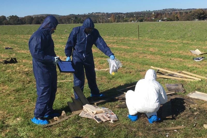 Three people wearing coveralls in a field