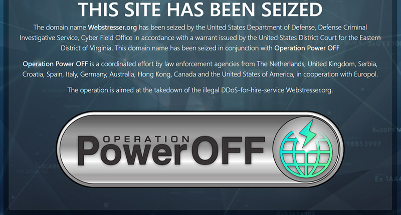 Screen shot from the PowerOff website with the text: This site has been seized
