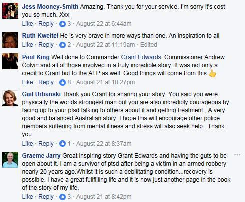 A screenshot of positive comments on Facebook supporting Commander Grant Edwards