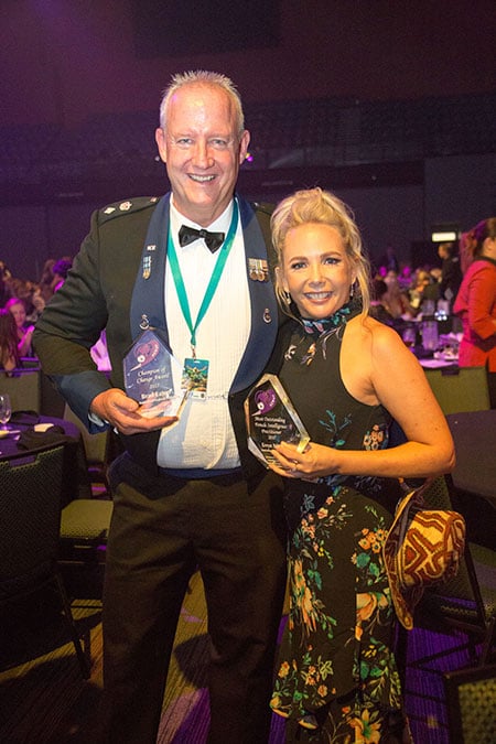 Champion of Change recipient Superintendent Brad Eaton celebrates with the inaugural winner of the Most Outstanding Female Intelligence Practitioner, Intelligence Evaluator, Erryn Smith, from Australian Border Force.