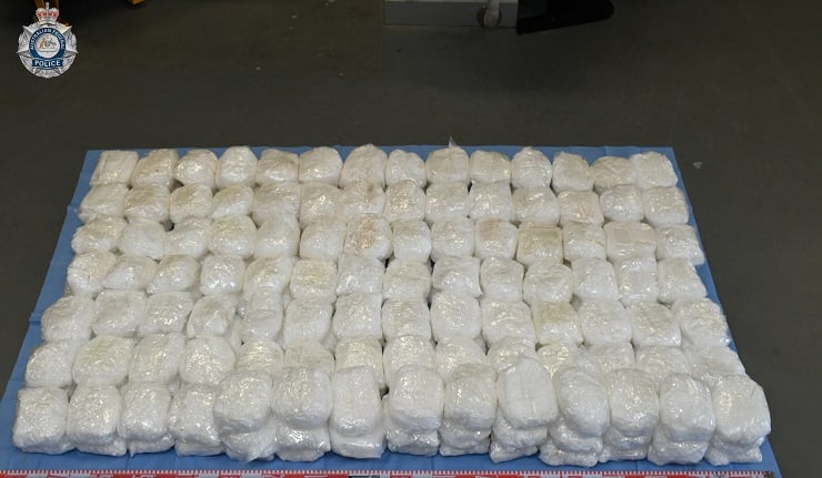 Multiple rows of methamphetamine wrapped in clear plastic