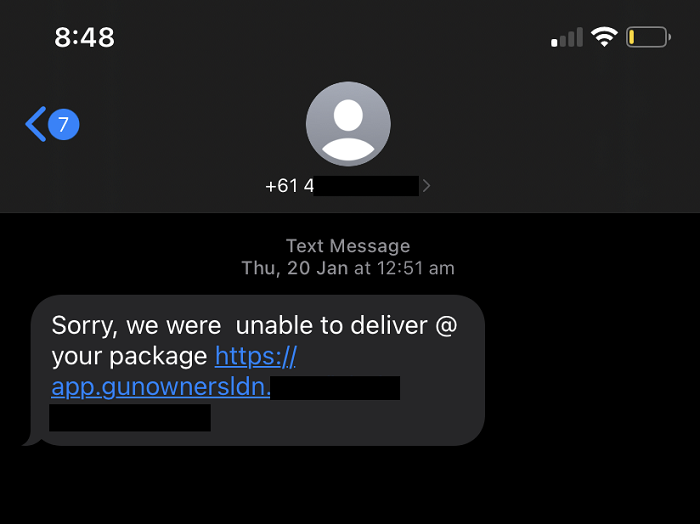 Delivery scam screenshot