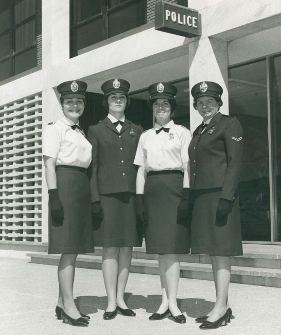 Joan Coleman, Mary Bird, Carol Francis and Gail McManus wearing the first ACT policewomen’s uniform, both summer and winter dress on 19 September 1968 AFPM12699