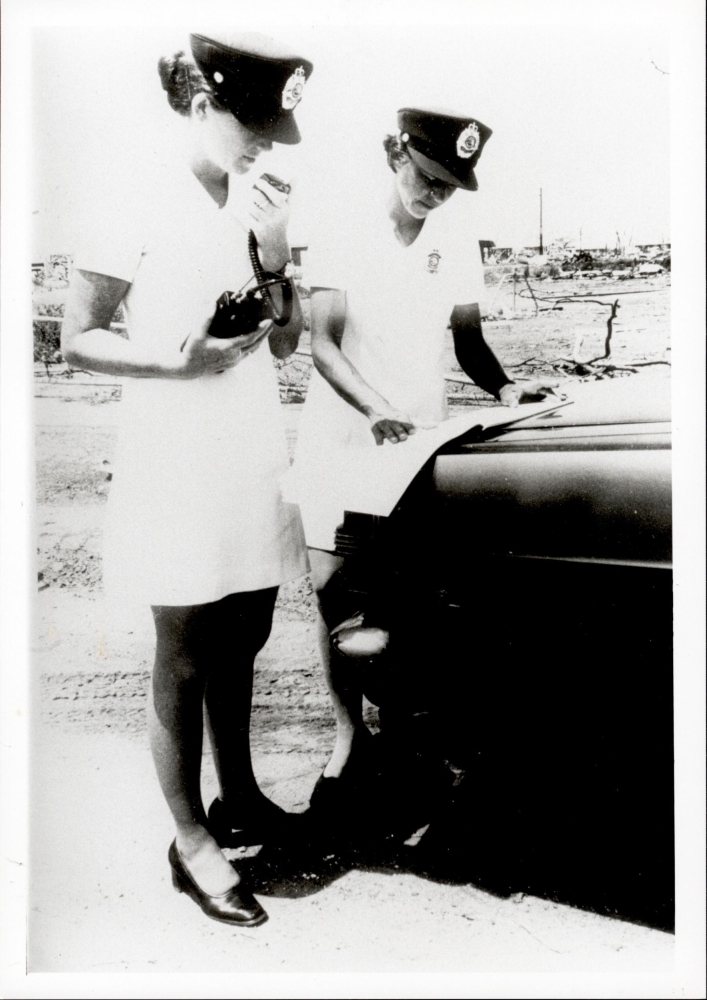 A large contingent of Commonwealth Police Officers served in Darwin following Cyclone Tracy in December 1974. They wore these all-white dresses, with black shoes and black hats. AFPM1859
