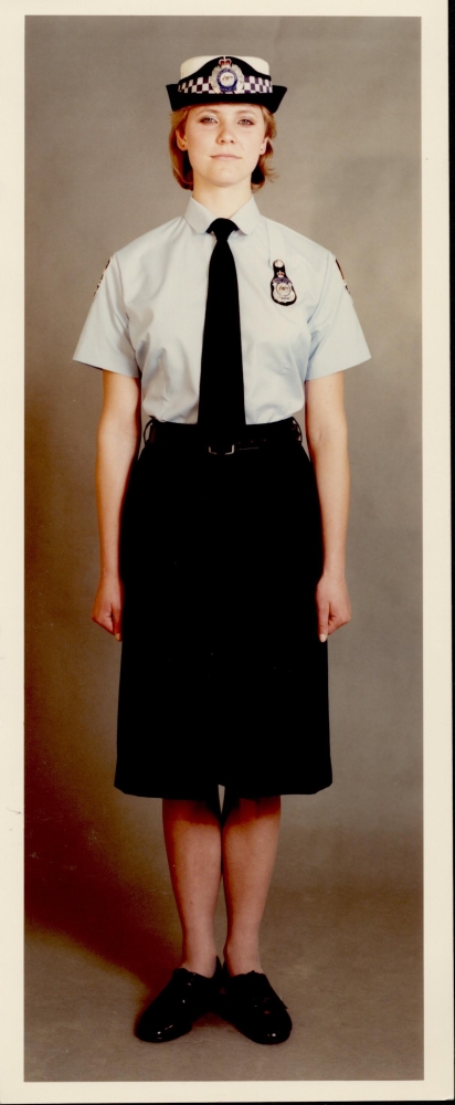 The policewomen’s uniform in 1987 worn by Isabel Jirasek - with hat, blouse, tie, culottes, pocket badge, belt and shoes AFPM431