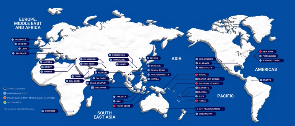 A map of the world which shows international AFP posts, secondments and United Nations police development missions