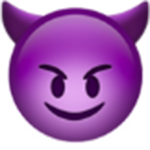 purple face with horns, smiling