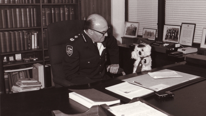 Kenny Koala visiting Commissioner Woods in his office, circa 1981 AFPM2131