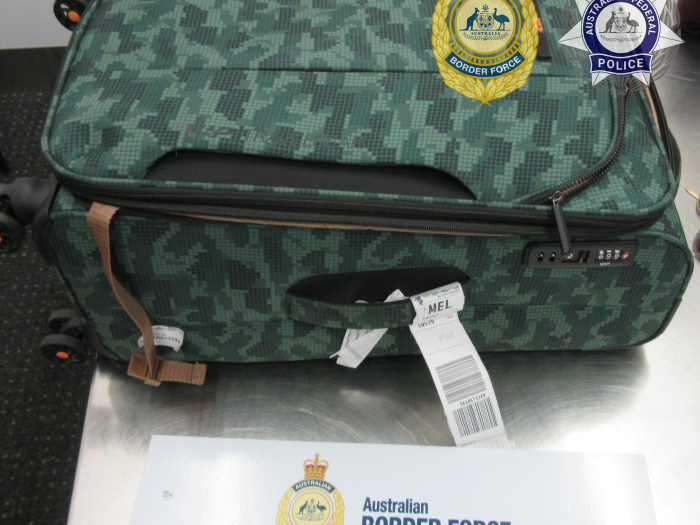 3kg of meth located within a suitcase as a part of a fake United Nations drug mule scam 