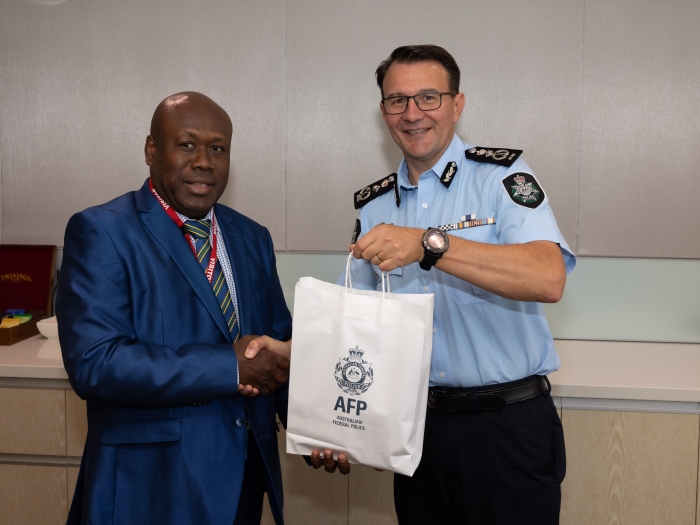 Commissioner Reece Kershaw with Solomon Islands Minister for Police, National Security and Coorectional Services the Honourable Anthony Veke