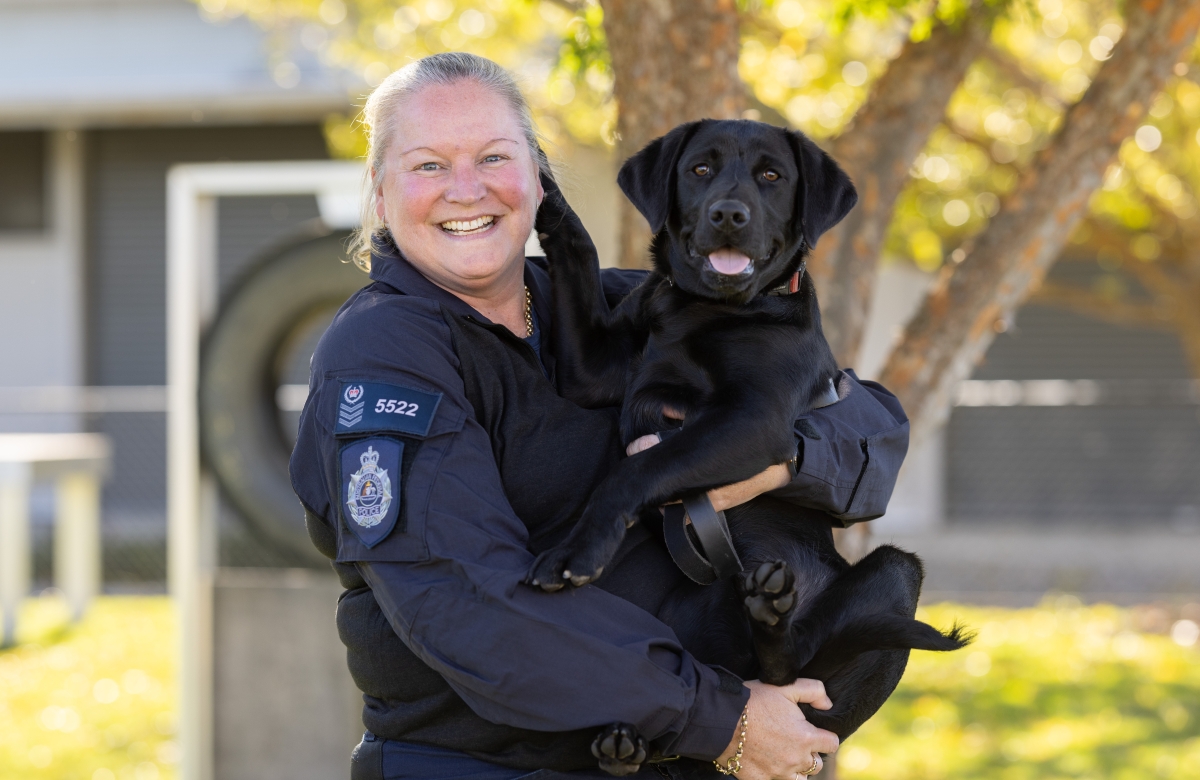 AFP canine handler holding a black Labrador 