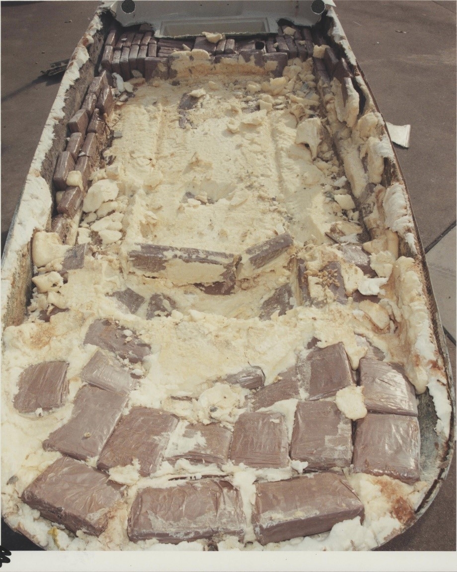 An aerial photo of the Boston Whaler after AFP officers had removed the decking and exposed the concealed cocaine.