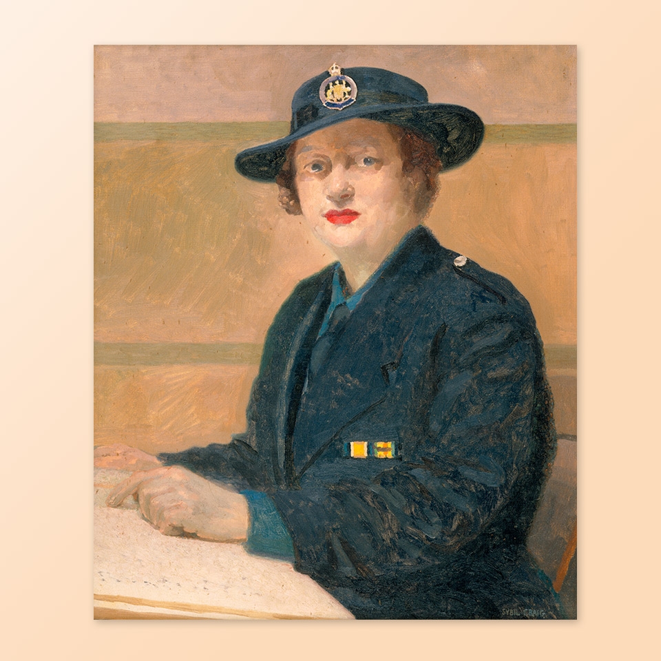 Peace Officer Guard 1945 - Photograph of an oil on canvas painting of a female wearing a uniform and hat sitting at a desk in a room – Artist Sybil Craig AFP MRN 10961 Source: Australian War Memorial