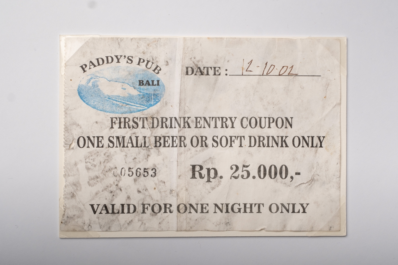 Coupon recovered from ‘Paddy's Pub’, by an AFP investigator following the 2002 bombings in the Kuta tourist district of Bali (AFPM11455)