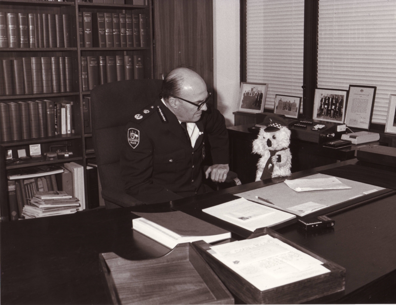 Kenny Koala visiting Commissioner Woods in his office, circa 1981 AFPM2131