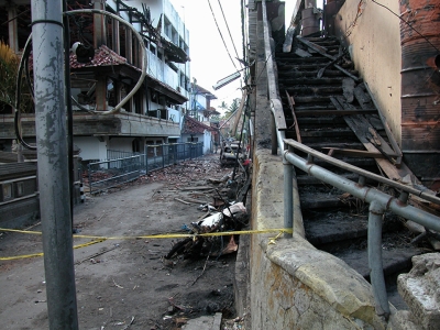 Photo of the damage in a laneway beside Paddy's Bar in Bali after the bombing