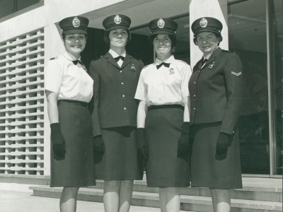 Joan Coleman, Mary Bird, Carol Francis and Gail McManus wearing the first ACT policewomen’s uniform, both summer and winter dress on 19 September 1968 AFPMRN12699