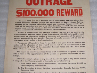 Reward leaflet for more information on the Hilton bombing (1978)