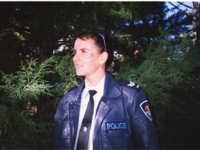 Amanda Graham wearing the leather jacket in 1998 at a community event in Canberra (AFPMRN982)