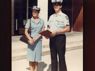 The ACT Policing and AFP summer policewomen’s uniform and the ‘infamous’ handbag. Worn here by Gail Calderwood with Peter Lindsay (AFPMRN422)