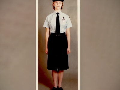 The policewomen’s uniform in 1987 worn by Isabel Jirasek - with hat, blouse, tie, culottes, pocket badge, belt and shoes  (AFPMRN431)