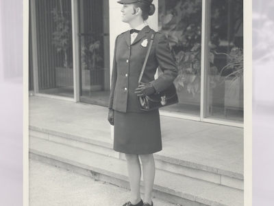 Leonie June Kavanagh in the winter uniform in 1974 – hat, gloves and handbag at the ready (AFPMRN5728)