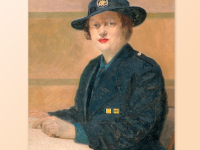 Peace Officer Guard 1945 - Photograph of an oil on canvas painting of a female wearing a uniform and hat sitting at a desk in a room – Artist Sybil Craig AFP MRN 10961 Source: Australian War Memorial